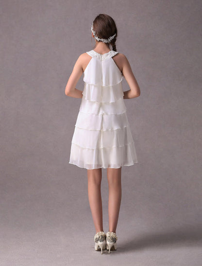 Simple Wedding Dresses Ivory Chiffon Cocktail Party Dress Beaded Tiered A Line Halter Short Bridal Dress Exclusive