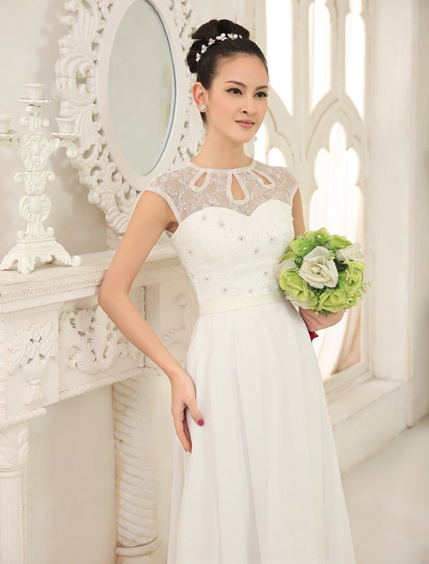 Simple Wedding Dresses Ivory Lace Chiffon Beach Wedding Dress With Beaded