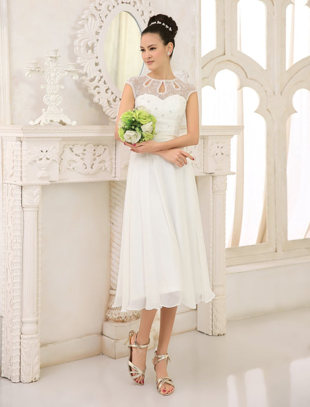 Simple Wedding Dresses Ivory Lace Chiffon Beach Wedding Dress With Beaded