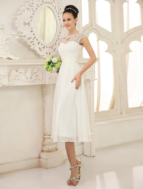 Simple Wedding Dresses Ivory Lace Chiffon Beach Wedding Dress With Beaded