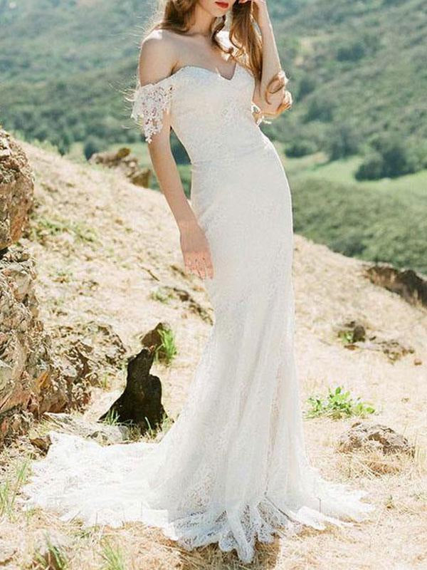 Simple Wedding Dresses Lace Sweetheart Off The Shoulder Mermaid Bridal Gown With Train For Boho Wedding
