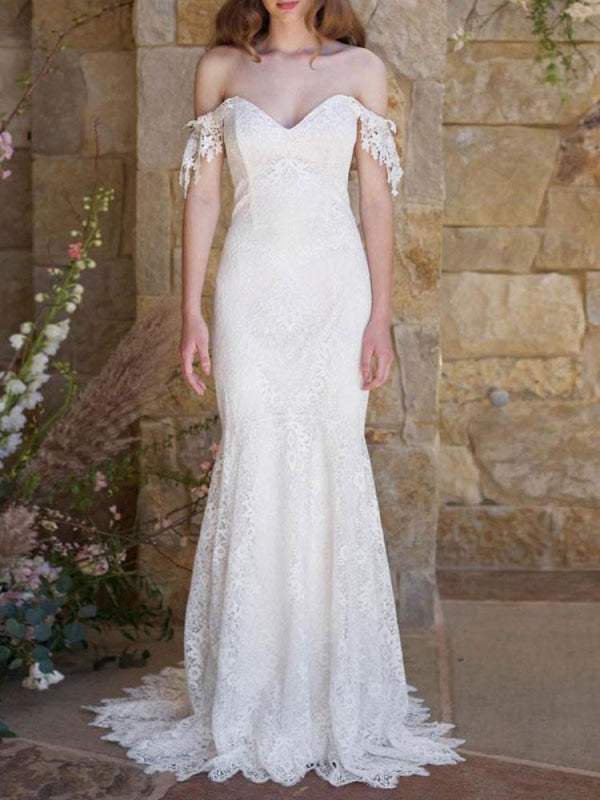 Simple Wedding Dresses Lace Sweetheart Off The Shoulder Mermaid Bridal Gown With Train For Boho Wedding