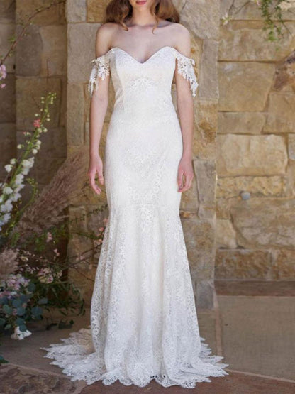 Simple Wedding Dresses Lace Sweetheart Off The Shoulder Mermaid Bridal Gown With Train For Boho Wedding