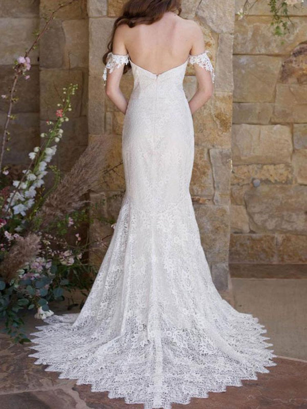 Simple Wedding Dresses Lace Sweetheart Off The Shoulder Mermaid Bridal Gown With Train For Boho Wedding