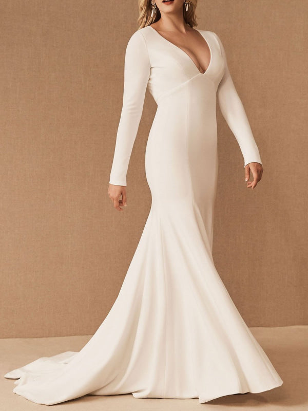 Simple Wedding Dresses Long Sleeves V Neck Mermaid Bridal Dress