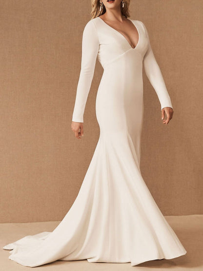 Simple Wedding Dresses Long Sleeves V Neck Mermaid Bridal Dress