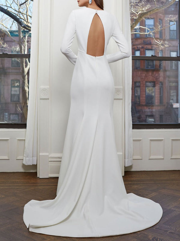 Simple Wedding Dresses Long Sleeves V Neck Mermaid Bridal Dress