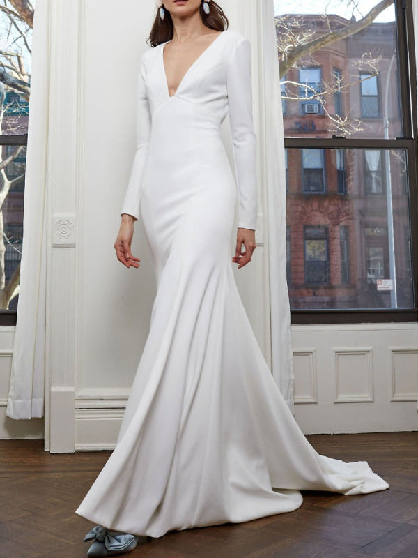 Simple Wedding Dresses Long Sleeves V Neck Mermaid Bridal Dress