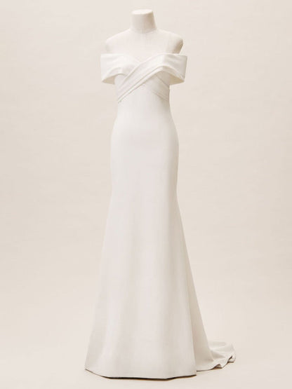 Simple Wedding Dresses Satin Off The Shoulder Pleated Floor Length Chapel Train Bridal Dress