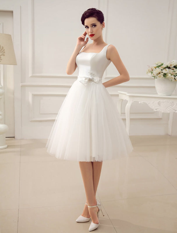Simple Wedding Dresses Satin Square Neck Applique Short Bridal Dress With Beading Bow Sash Exclusive