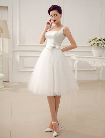 Simple Wedding Dresses Satin Square Neck Applique Short Bridal Dress With Beading Bow Sash Exclusive