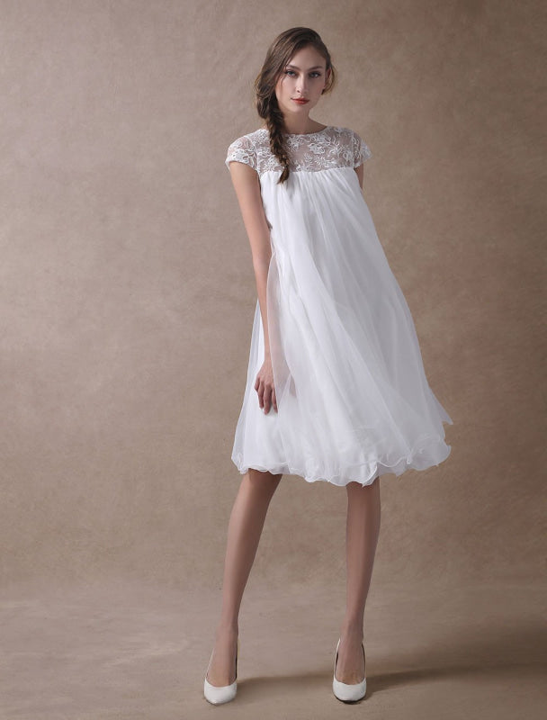 Simple Wedding Dresses Short Empire Waist Lace Tulle Cap Sleeve Pregnant Bridal Dress