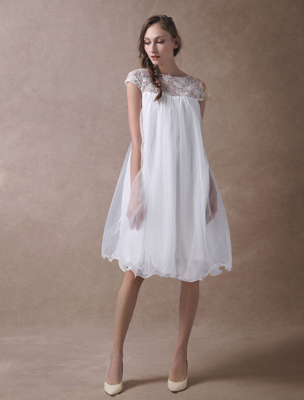 Simple Wedding Dresses Short Empire Waist Lace Tulle Cap Sleeve Pregnant Bridal Dress