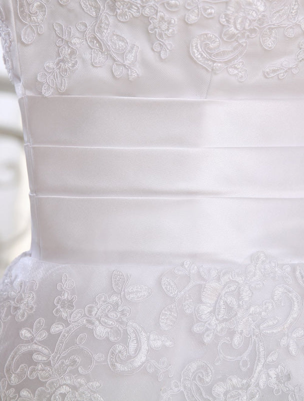 Simple Wedding Dresses Short Lace Applique Illusion Half Sleeve Tea Length Bridal Dress