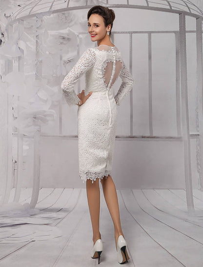 Simple Wedding Dresses Short Long Sleeves Knee Length Sheath Bridal Dress