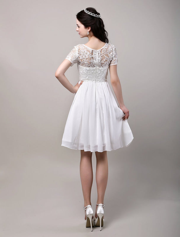Simple Wedding Dresses Short Sleeves Lace Chiffon Reception Bridal Dress