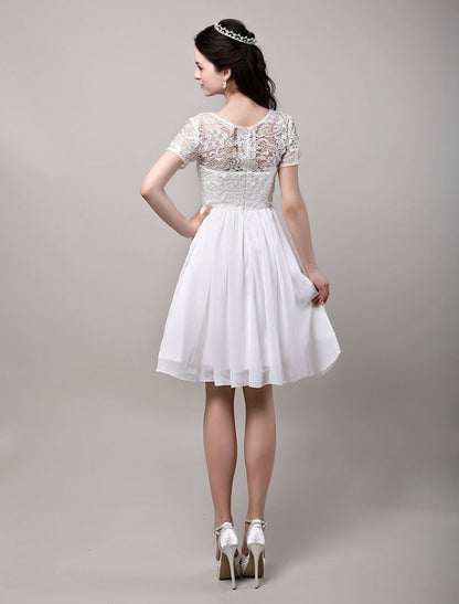 Simple Wedding Dresses Short Sleeves Lace Chiffon Reception Bridal Dress