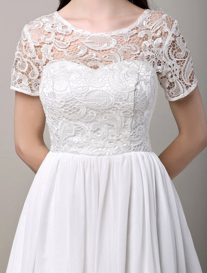 Simple Wedding Dresses Short Sleeves Lace Chiffon Reception Bridal Dress