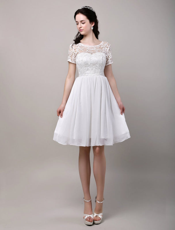Simple Wedding Dresses Short Sleeves Lace Chiffon Reception Bridal Dress