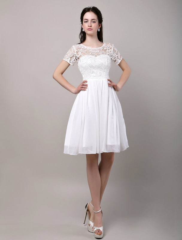 Simple Wedding Dresses Short Sleeves Lace Chiffon Reception Bridal Dress