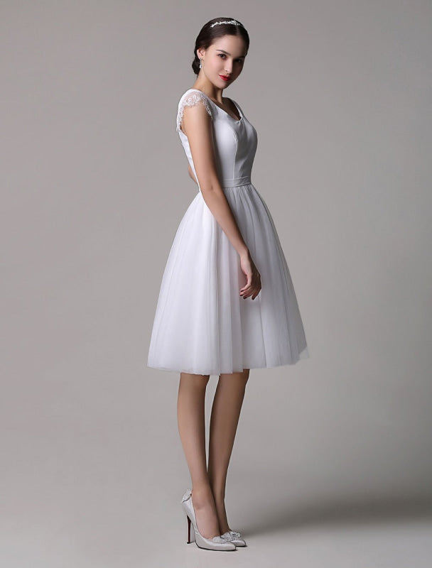 Simple Wedding Dresses Tulle Scoop Neck Knee Length Short Bridal Dress With Lace Cap Sleeves