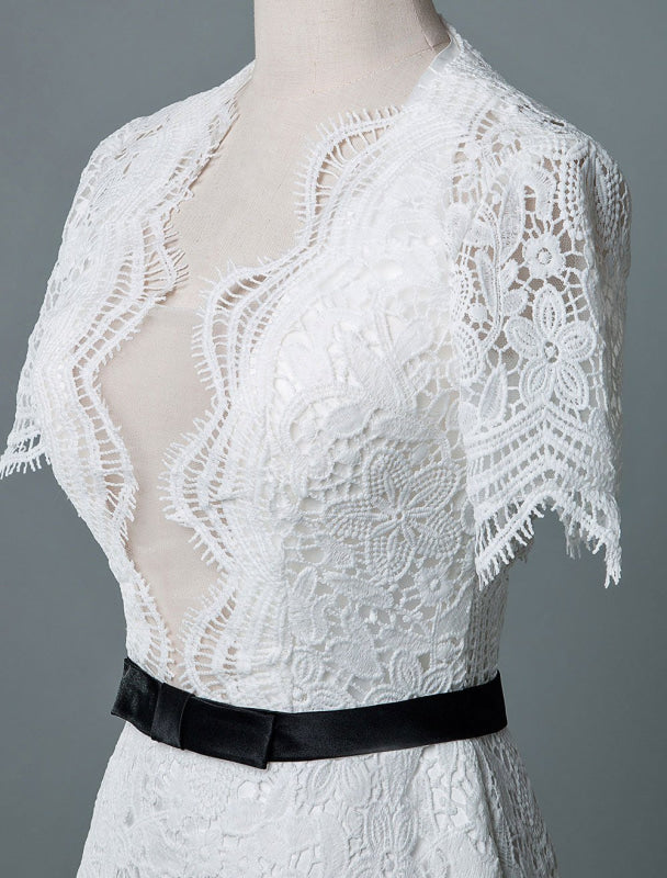 Simple Wedding Dresses V Neck Short Sleeves Sheath Knee Length Vintage Bridal Dresses
