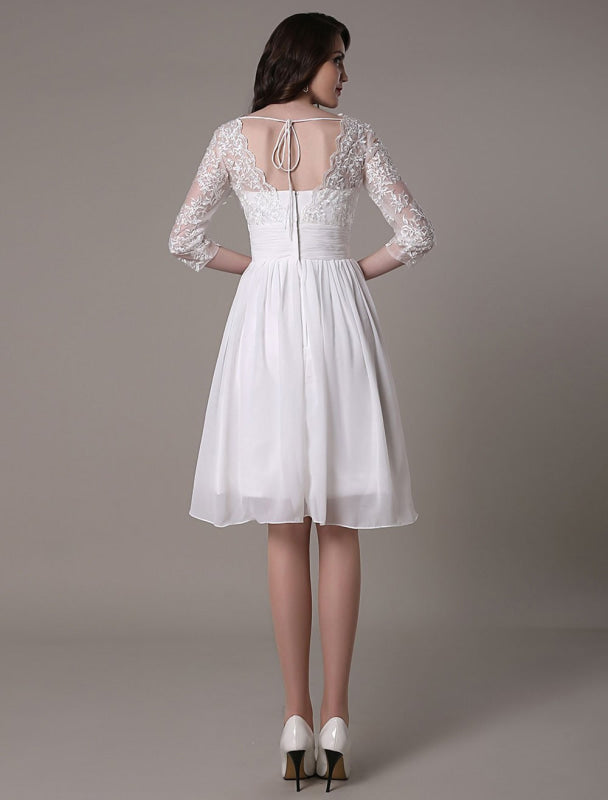 Simple Wedding Dressses Chiffon V Neck Lace A Line pleated Bridal Dress