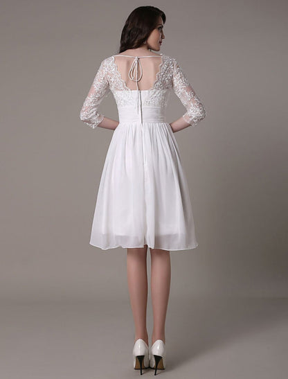 Simple Wedding Dressses Chiffon V Neck Lace A Line pleated Bridal Dress