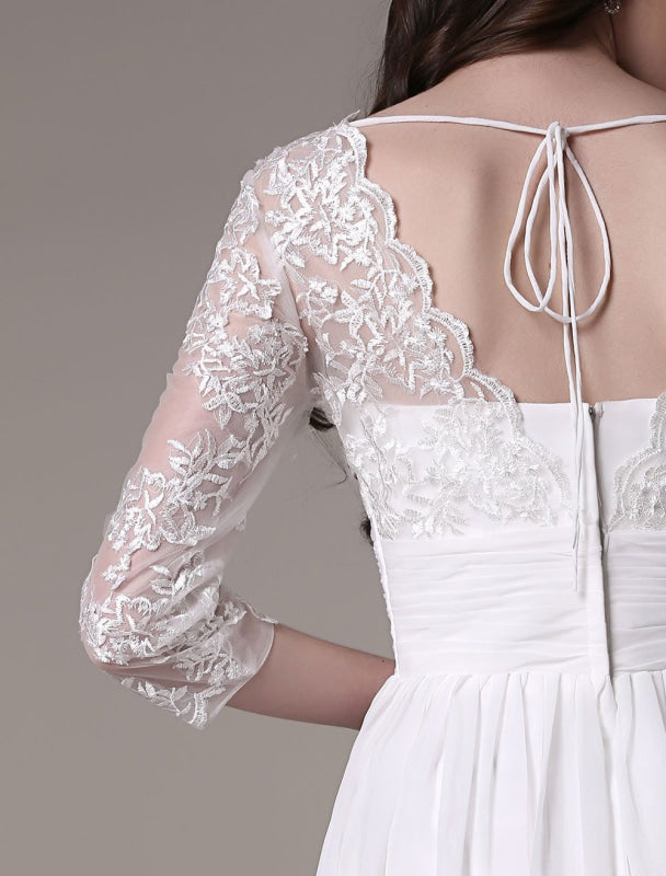 Simple Wedding Dressses Chiffon V Neck Lace A Line pleated Bridal Dress