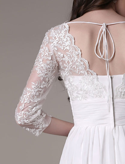 Simple Wedding Dressses Chiffon V Neck Lace A Line pleated Bridal Dress