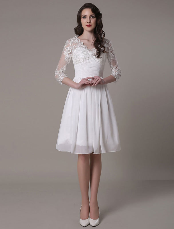 Simple Wedding Dressses Chiffon V Neck Lace A Line pleated Bridal Dress