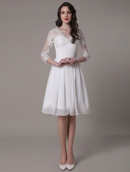 Simple Wedding Dressses Chiffon V Neck Lace A Line pleated Bridal Dress