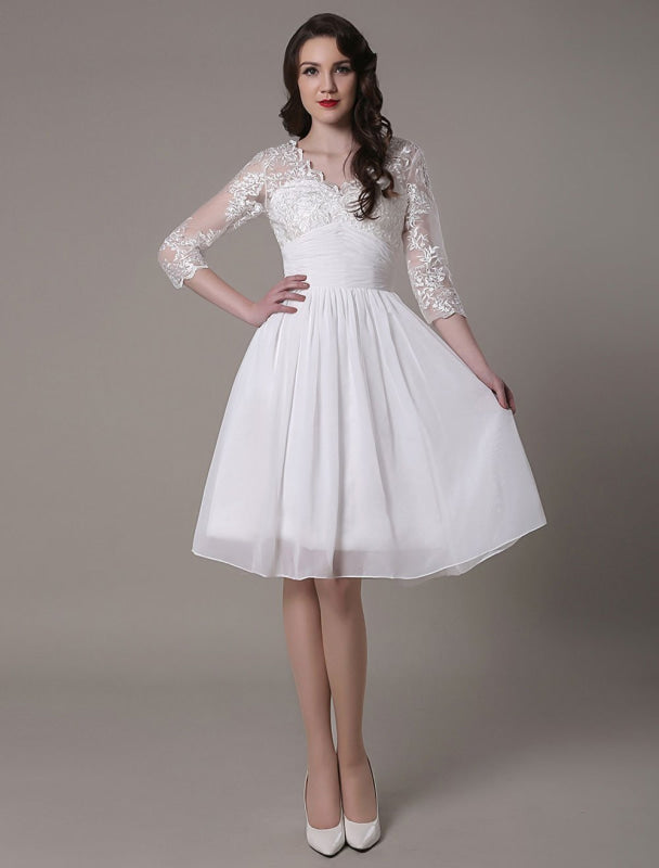 Simple Wedding Dressses Chiffon V Neck Lace A Line pleated Bridal Dress