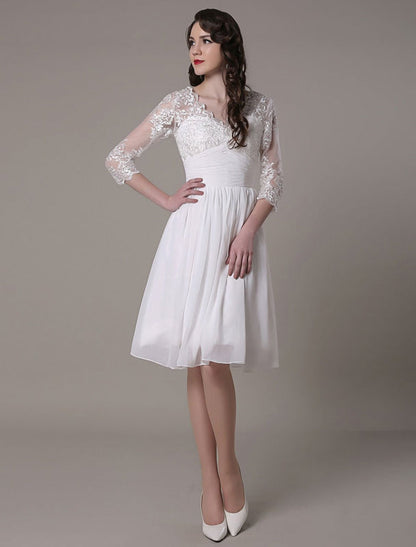Simple Wedding Dressses Chiffon V Neck Lace A Line pleated Bridal Dress