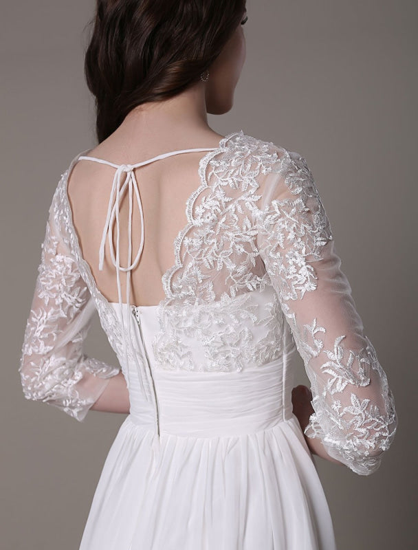 Simple Wedding Dressses Chiffon V Neck Lace A Line pleated Bridal Dress