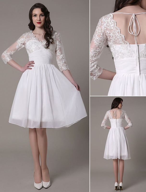 Simple Wedding Dressses Chiffon V Neck Lace A Line pleated Bridal Dress