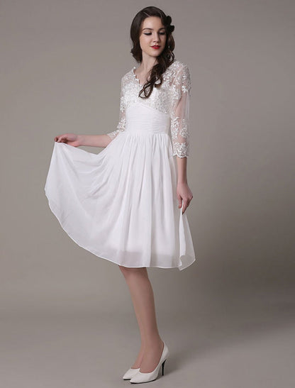 Simple Wedding Dressses Chiffon V Neck Lace A Line pleated Bridal Dress