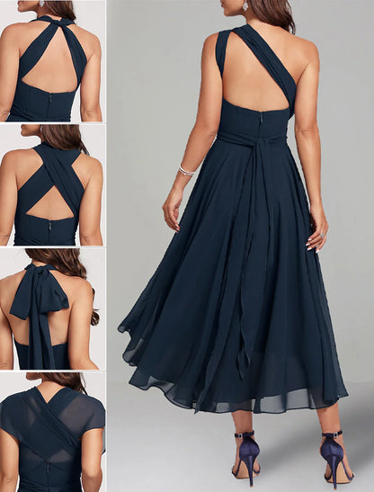 Aimishang A-Line Blue Wedding Guest Dresses Convertible Infinity Mother Dress Formal Tea Length Sleeveless One Shoulder Chiffon with Ruched