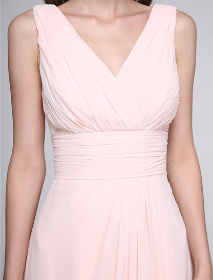 Sheath / Column Bridesmaid Dress V Neck Sleeveless Elegant Floor Length Chiffon with Criss Cross / Ruched
