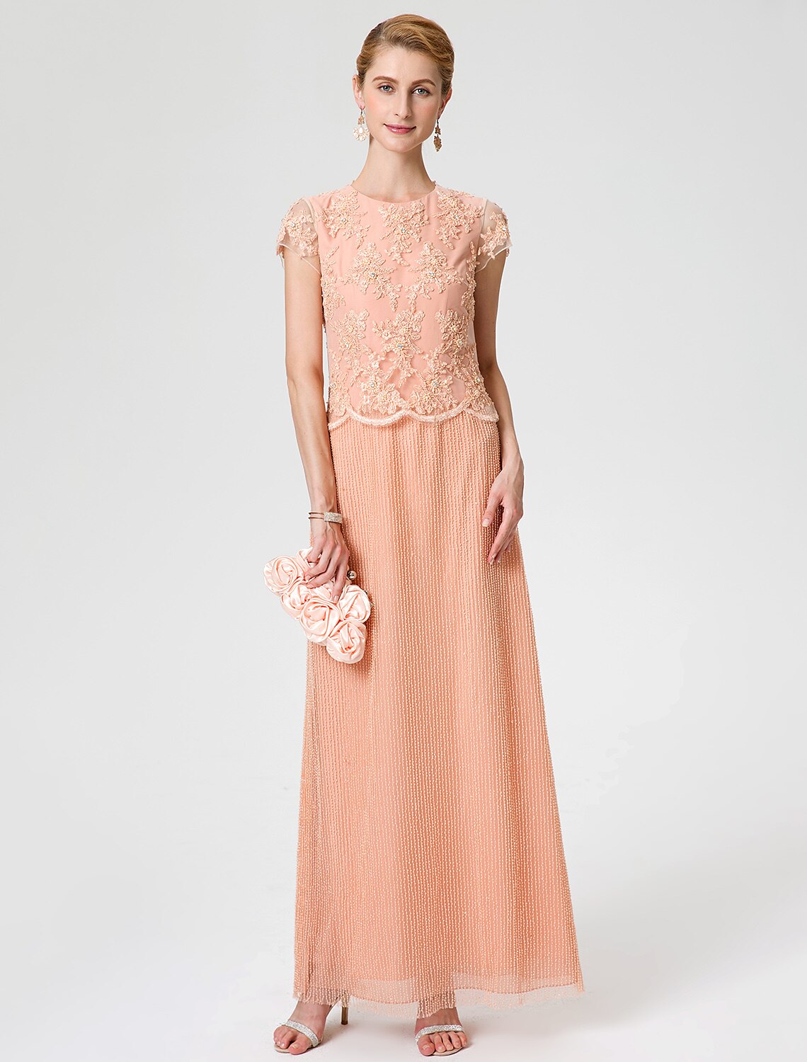 Aimishang Sheath / Column Mother of the Bride Dress Formal Vintage Inspired Jewel Neck Ankle Length Chiffon Beaded Lace Short Sleeve No with Lace Beading