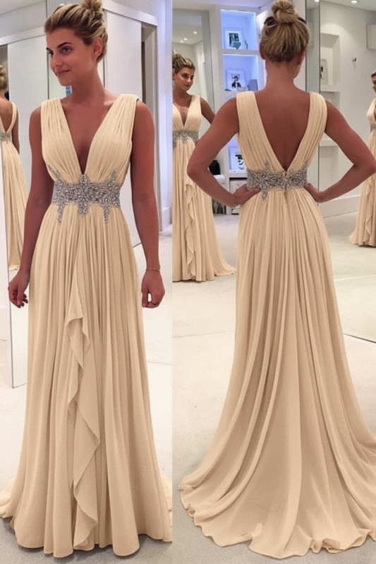 Sky Blue A Line Deep Neck Sleeveless V Back Beading Pleats Chiffon Long Prom Dress
