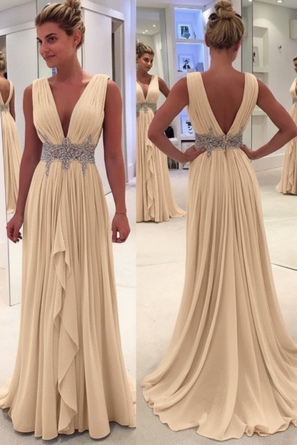 Sky Blue A Line Deep Neck Sleeveless V Back Beading Pleats Chiffon Long Prom Dress