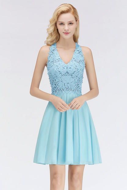 V-Neck Knee Length Floral Lace Birdesmaid Dresses