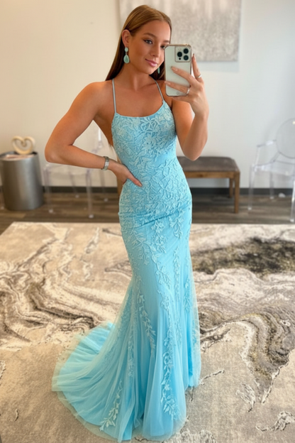 Mint Green Lace Mermaid Backless Long Prom Dresses Sleeveless Evening Dresses