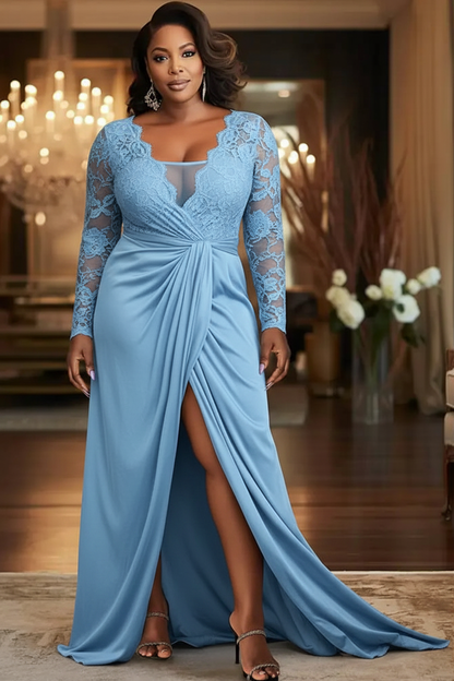 V-Neck Black Mother of the Bride Dress Long Sleeves lace Front Slit Wedding Guest Dress
