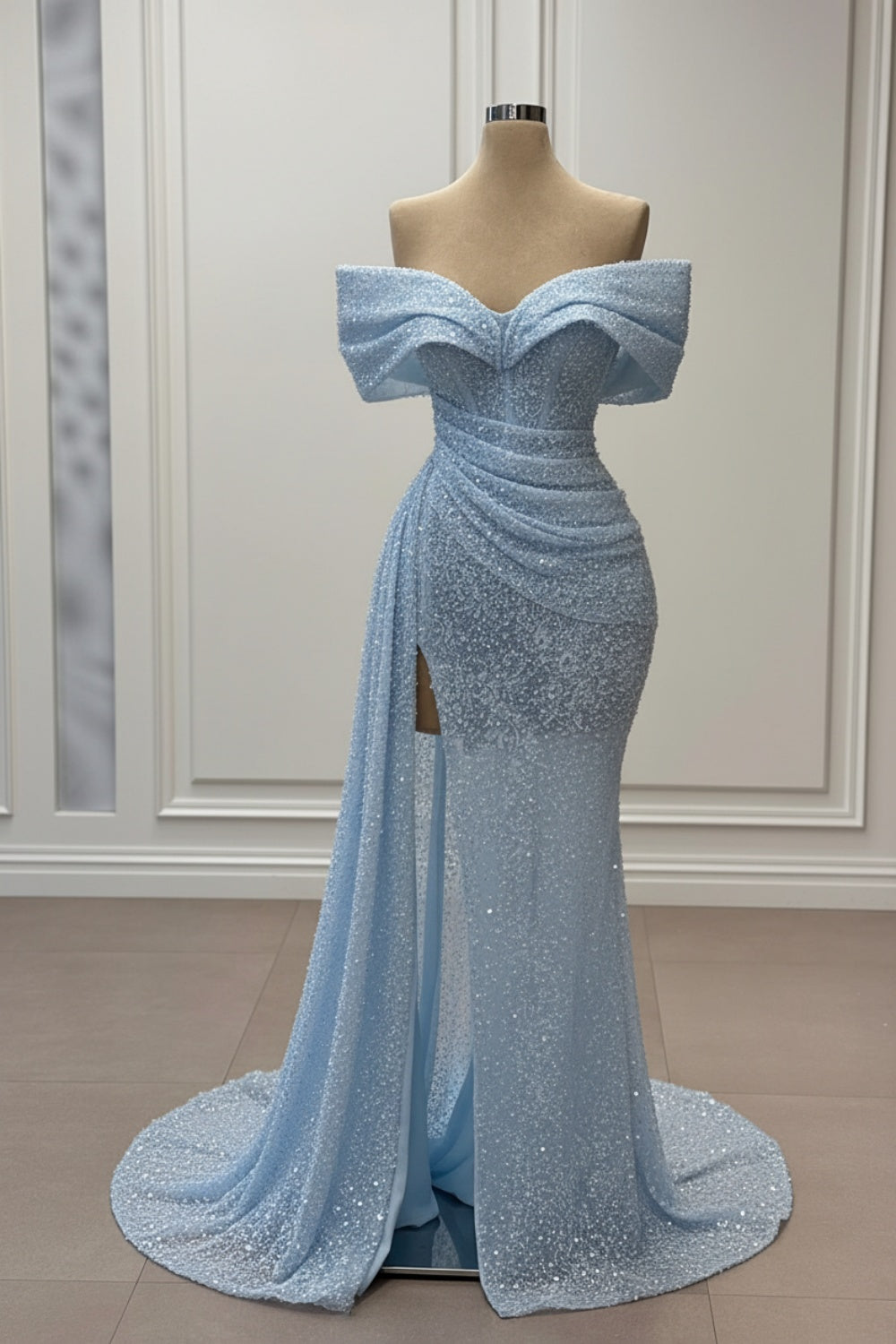 Off-the-Shoulder White Sequined Mermaid Wedding Dress