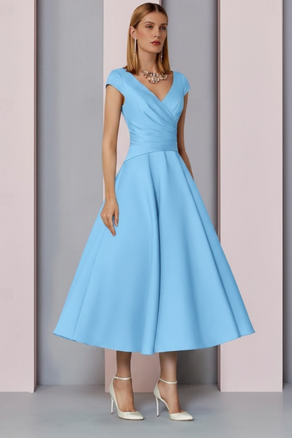 Navy Satin A-Line Mother of the Bride Dress V Neck Tea Length Wedding Guest Dress
