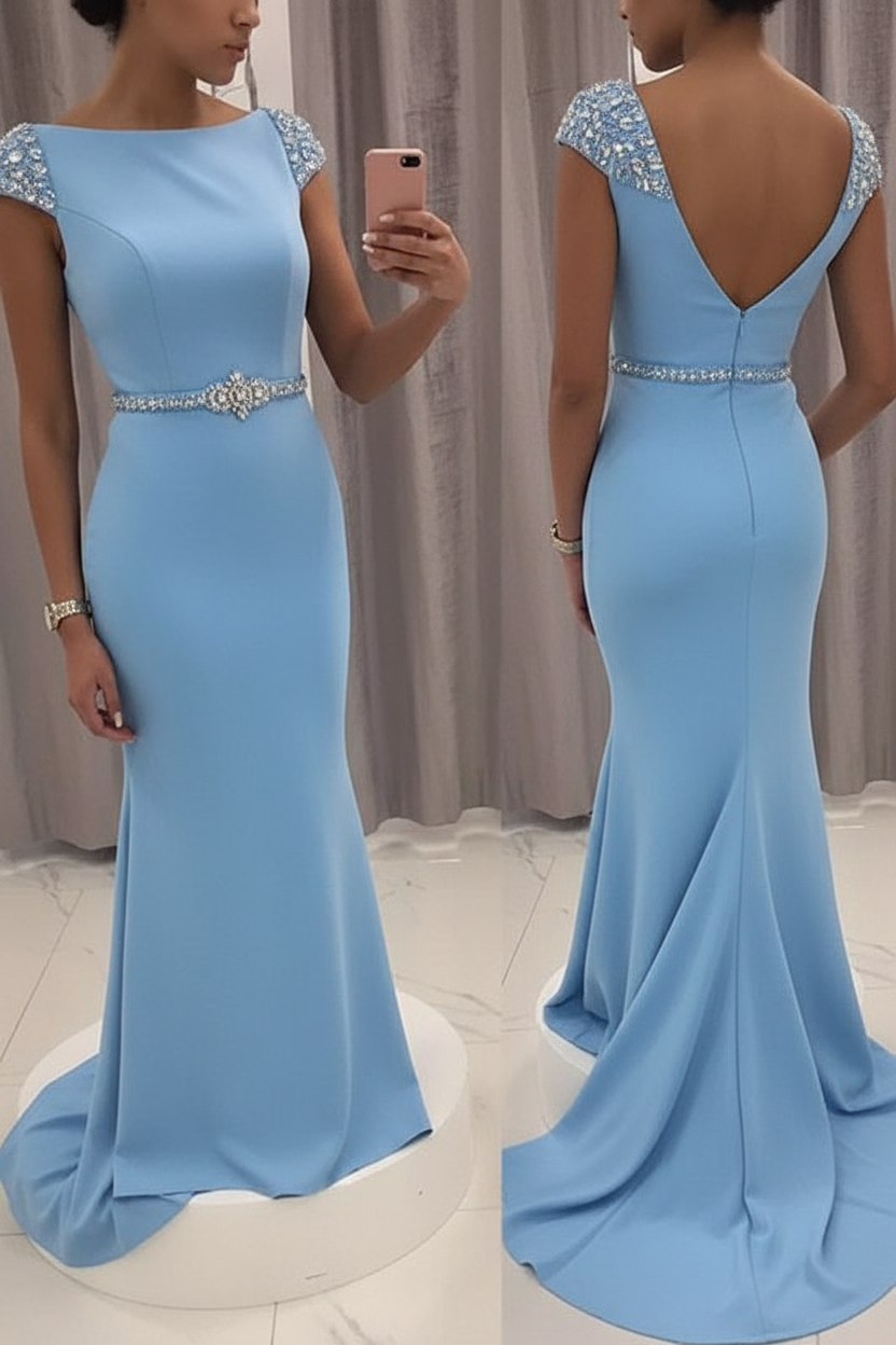 Navy Blue Sequined Fitted Cap Sleeve Mermaid Prom Dress Formal Gown