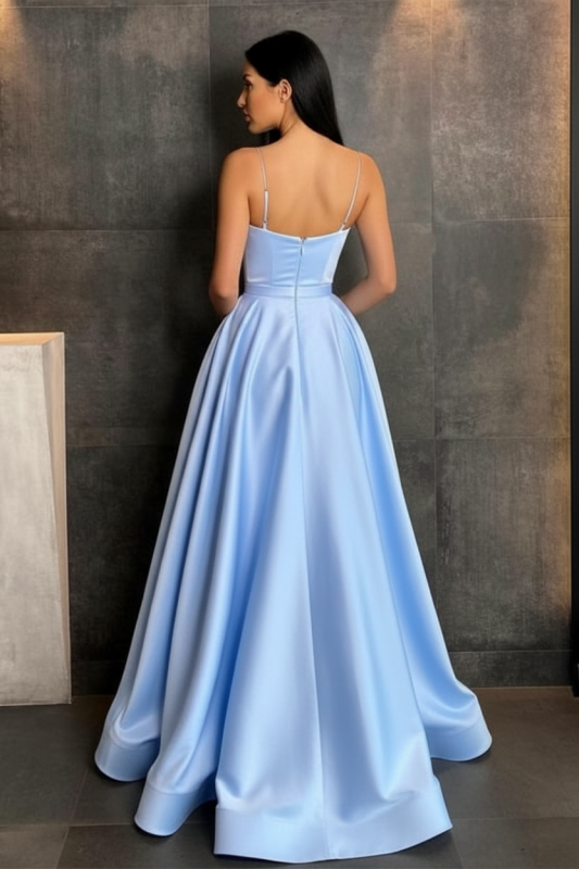 Sky Blue Spaghetti Straps Prom Dress Side Split with Pockets