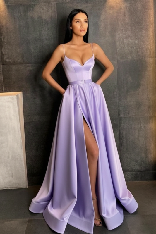 Sky Blue Spaghetti Straps Prom Dress Side Split with Pockets